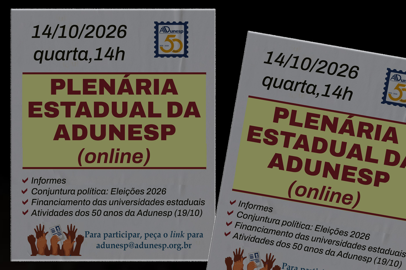 Conjuntura eleitoral é tema central de Plenária Estadual online da Adunesp em 14/10/2026. Veja como participar