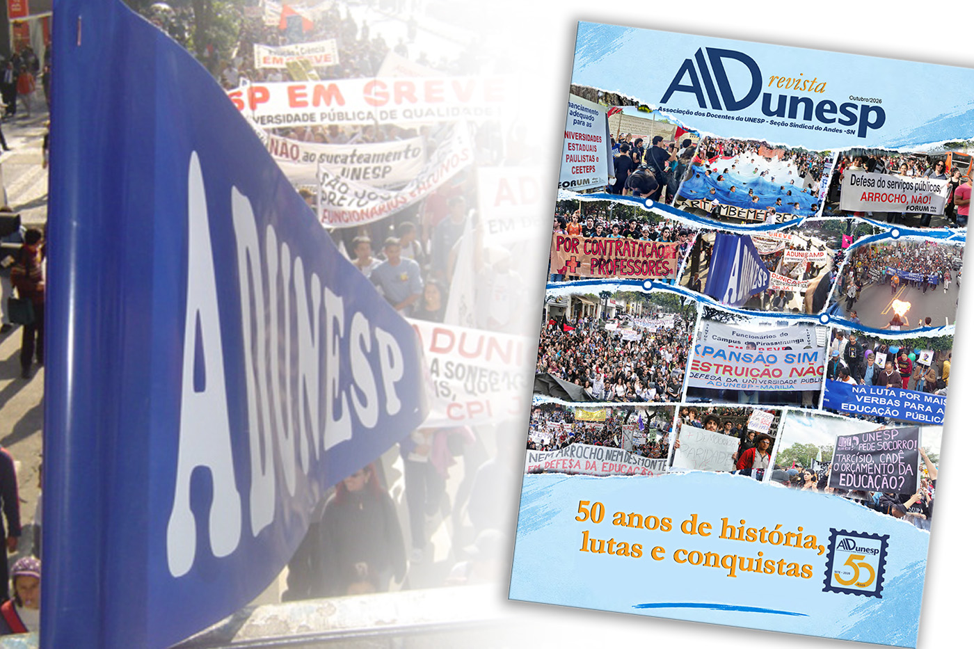 Adunesp convida para eventos de seus 50 anos: Lançamento de vídeo, revista e mesa sobre conjuntura nacional, tudo com transmissão ao vivo
